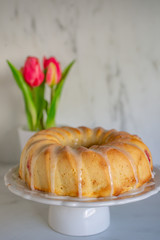 Raspberry Lemon Cake with tulips
