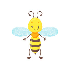Cartoon bee or wasp, bumblebee cute vector mascot for logo, nursery goods, natural organic food or honey illustration, icon of busy insect character with wings, sting and big eyes. Funny bug isolated
