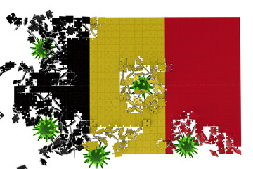 3d rendering of healthcare and medicine Concept. Corona viruses are shattering the national flag of Belgium. Puzzle pieces scattered all around Close up. stay at home, stay safe. Querantine.