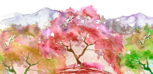 Watercolor landscape. pink trees, bushes. Watercolor group of trees - willow, sakura, aspen, cherry, apple. The silhouette of the forest, sunset. Summer, spring.Mountain landscape, forest, pasture.
