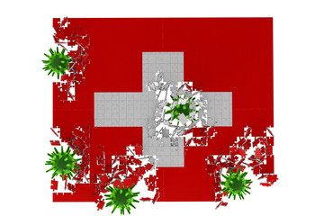 3d rendering of healthcare and medicine Concept. Corona viruses are shattering the national flag of Switzerland. Puzzle pieces scattered all around Close up. stay at home, stay safe. Querantine.