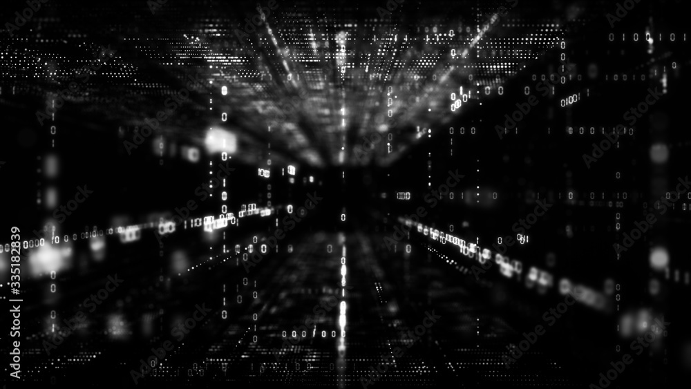 Poster black and white digital cyberspace with particles and digital data network connections. future techn