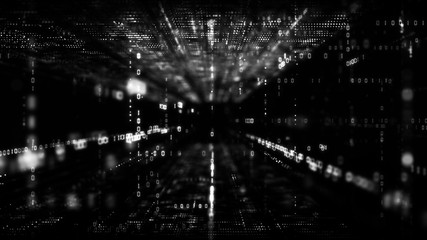 Black and white digital cyberspace with particles and digital data network connections. Future...