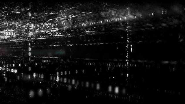 Black and white digital cyberspace with particles and digital data network connections. Future technology abstract background concept.