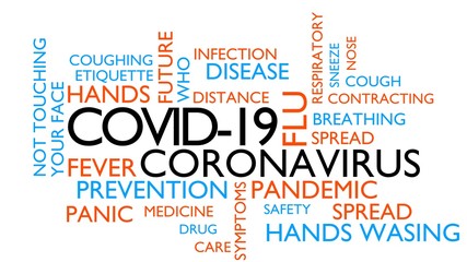 COVID-19, coronavirus word tag cloud. 3D rendering, white variant
