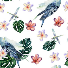 Aquarell handgezeichnetes nahtloses Muster mit Papageienpaar, Libellen und tropischen Pflanzen auf weißem Hintergrund.