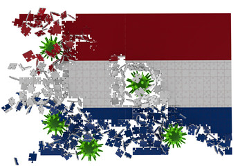 3d rendering of healthcare and medicine Concept. Corona viruses are shattering the national flag of Holland. Puzzle pieces scattered all around Close up. stay at home, stay safe. Querantine.