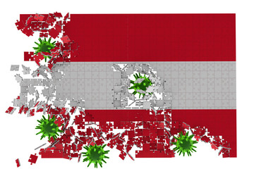 3d rendering of healthcare and medicine Concept. Corona viruses are shattering the national flag of Austria. Puzzle pieces scattered all around Close up. stay at home, stay safe. Querantine.