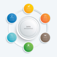 Infographics circle button with 6 data template. Vector illustration abstract background. Can be used for workflow layout, business step, banner, web design.