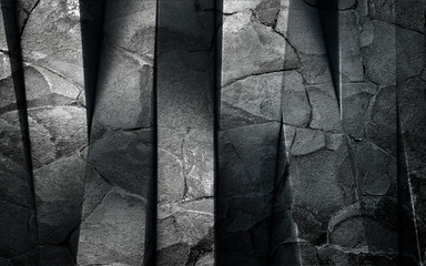 Fototapety  Monochromatyczna ilustracja 3D, ciemna ściana z ogromnymi pionowymi kamieniami