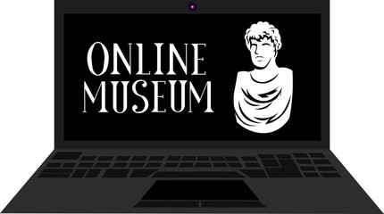 Online Museum. Statue and lettering. Notebook. Sculpture, bust. Stay at home.