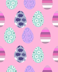Easter. Colored eggs. Seamless pattern. Pink design for cards, prints and clothes.