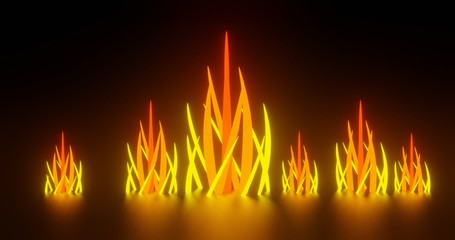 3D illustration Standing Orange Crystal with lighting effect and artistic geometrical formation at dark background.