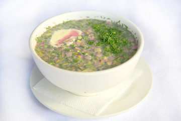 Cold kvass soup Okroshka, dishes of Russian national cuisine