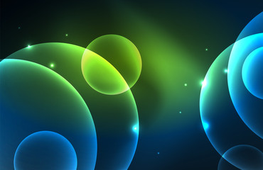 Neon shiny transparent glowing circles with light effects. Techno futuristic vector abstract background For Wallpaper, Banner, Background, Card, Book Illustration, landing page