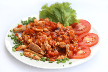 Fried pork with vegetables, dishes of Russian national cuisine