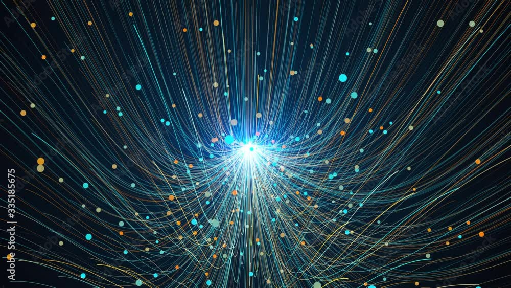 Poster computer generated flow of numerous small colored particles and thin lines from a central point. 3d 