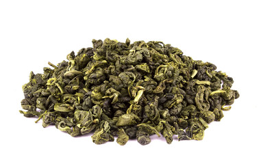Dry green tea leaves isolated on white background