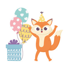happy day, little fox with hat gift box and balloons