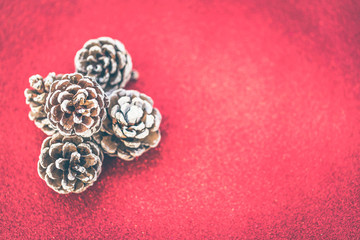 Dried pine balls on red gliter