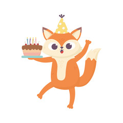 happy day, little fox with hat and sweet cake