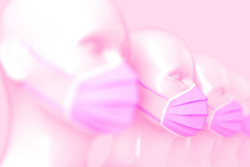 Medical concept. A group of women's shiny white fashion mannequin heads standing in a row in bright pink medical masks on a light background. 3D illustration.