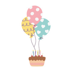 happy day, cake with candles and balloons hearts decoration