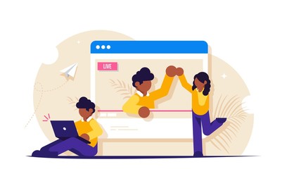 Concept of on-line video or live streaming. The blogger communicates with viewers and subscribers. View the broadcast in the browser. Modern flat vector illustration.