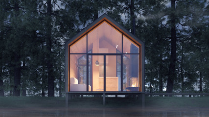 Secluded tiny house on the sandy shore of a lake with fog in a coniferous forest in the cold night light and with warm light from the Windows. Stock 3D illustration
