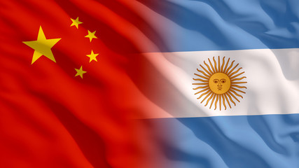 Waving China and Argentina National Flags with Fabric Texture