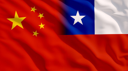Waving China and Chile National Flags with Fabric Texture