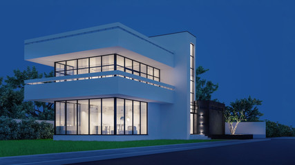 Modern house with white plaster with a balcony and a high staircase, in cold night light with warm light from the Windows against the background of trees and a white fence 3D stock illustration.