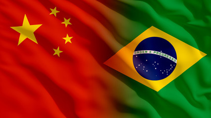 Waving China and Brazil National Flags with Fabric Texture
