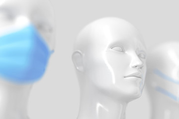The medical concept spreads infection Among shiny white fashion heads of mannequins standing without a mask in a row of other heads standing in blue bright medical masks. 3D illustration.