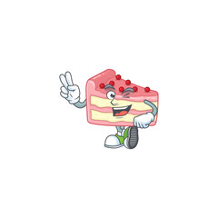 Cheerful strawberry slice cake mascot design with two fingers