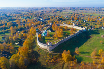 Medieval Izborsk fortress in autumn landscape on a sunny day. Pskov region, Russia