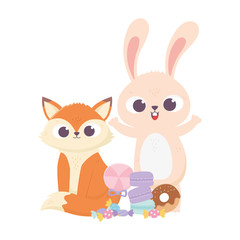 happy day, little fox and rabbit with donut caramel biscuits cartoon