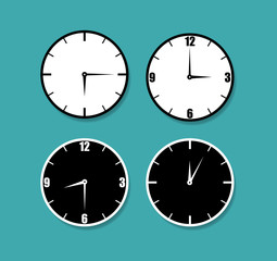 Office clock set. Black and white clocks on blue background. Vector illustration