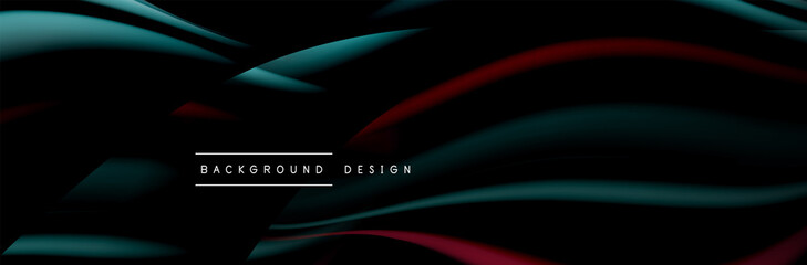 Сolorful flow poster. Wave liquid lines and shapes in black color background. Vector Illustration