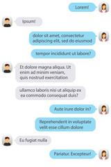 Fototapeta na wymiar Smartphone chat template for SMS dialogue with lorem ipsum text.