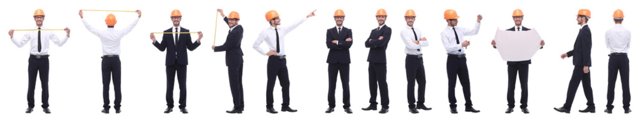 panoramic photo collage of confident architect isolated on white