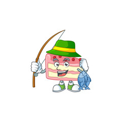 A Picture of strawberry slice cake fisher mascot design catch a fish