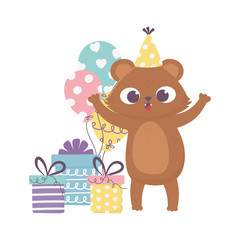 happy day, bear with party hat gift boxes and balloons