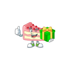 Smiley strawberry slice cake cartoon character holding a gift box