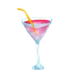 Beautiful glass with a pink cocktail. Tasty beach drink. Pastime at the bar. Watercolor illustration. Beach season 2020. Summer