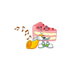 A brilliant musician of strawberry slice cake cartoon character playing a trumpet