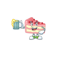 Happy strawberry slice cake mascot style toast with a glass of beer