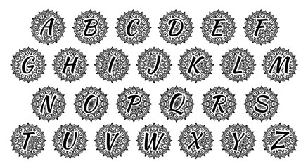 Zentangle stylized alphabet for adult coloring page. Mandala letters in doodle style. Hand drawn monogram letters, vector illustration for tattoos or decoration.