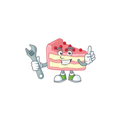 A mechanic strawberry slice cake mascot character fix a broken machine