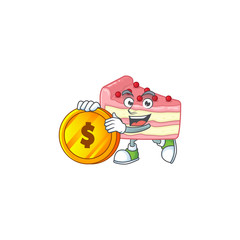 Strawberry slice cake rich cartoon character have big gold coin